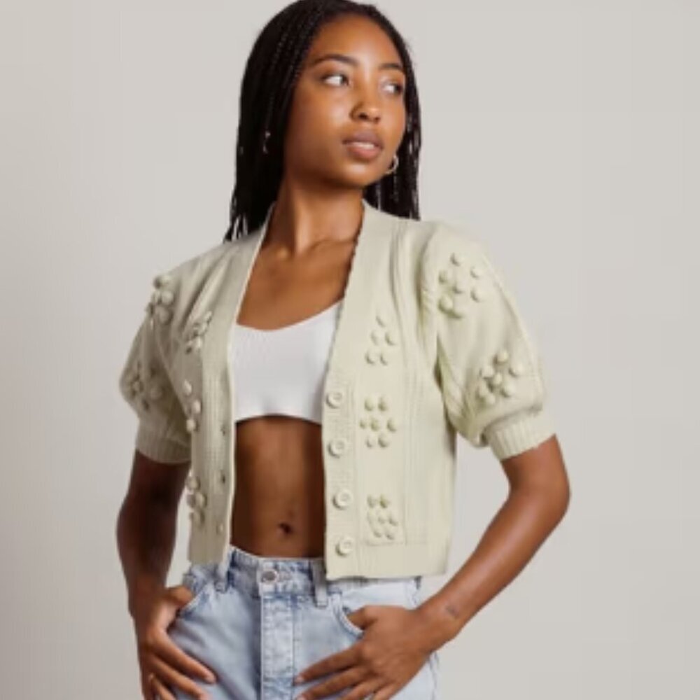 Like New Bohme Cropped Short Sleeve Cardigan Sweater in Light Green - Size Large - Picture 2 of 10